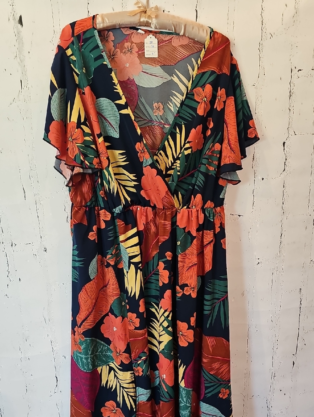 Tropical Floral Surplice Ankle Dress in Navy and Orange (38)